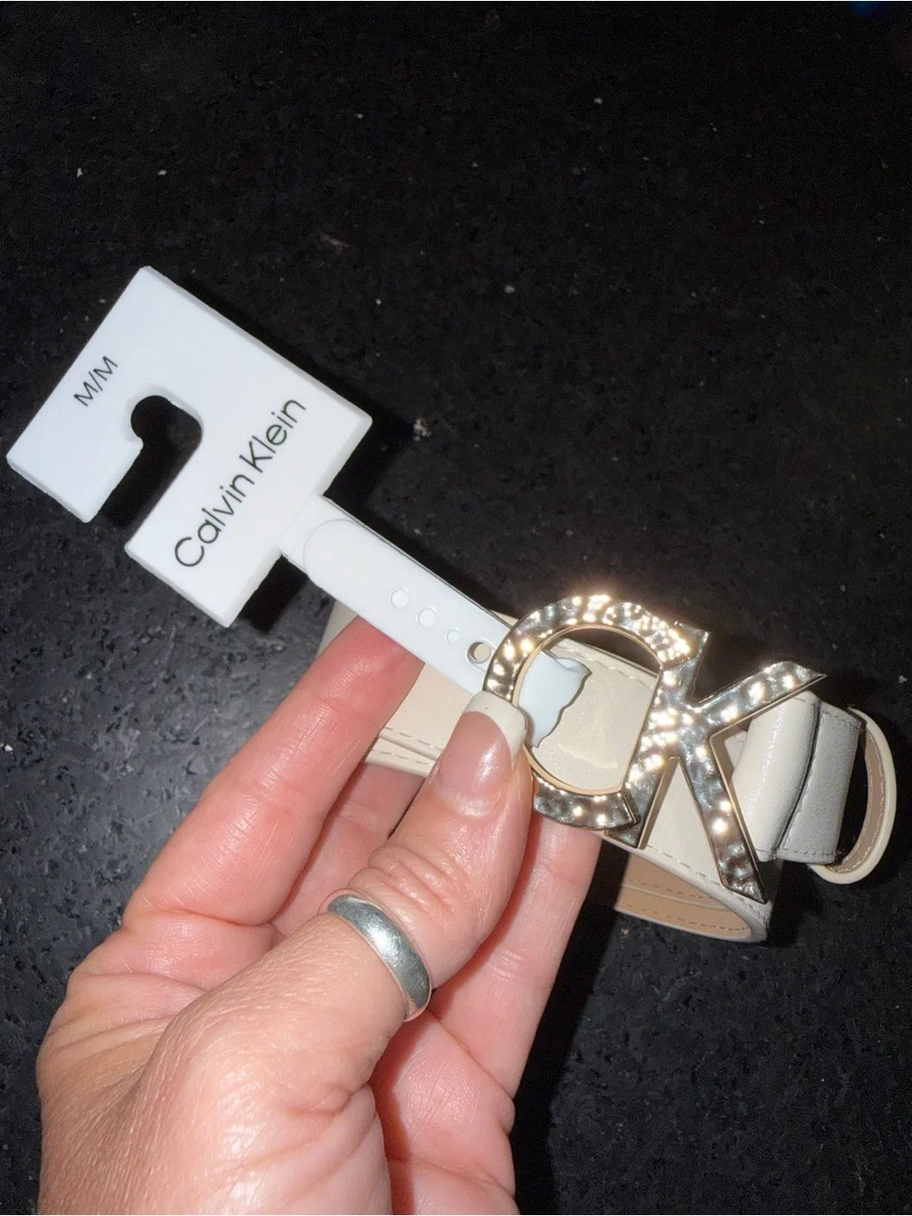 NEW Calvin Klein Cream BONE Leather Belt Gold HAMMERED CK Buckle SZ Med